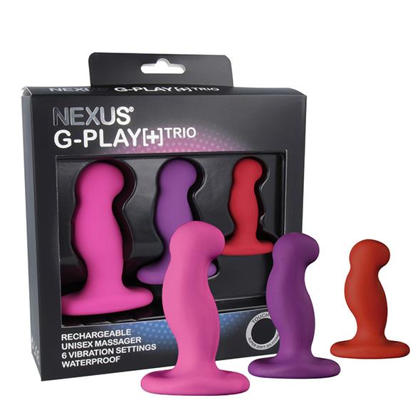 Nexus G-Play Plus Trio De Nexus G play Trio is een selectie van drie vibrators in verschillende maten, zodat je de vrijheid hebt om ze te verkennen! Elk is ergonomisch ontworpen met een supergladde siliconenschacht die anaal of vaginaal kan worden gebruikt